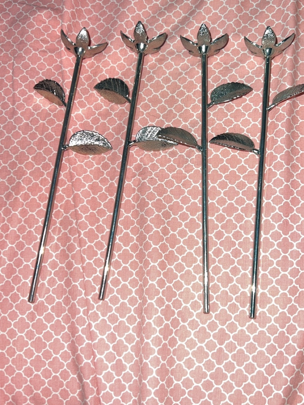 Silver Metal FlowerSticks - Set of 4 with 3 rose quartz crystal flowers